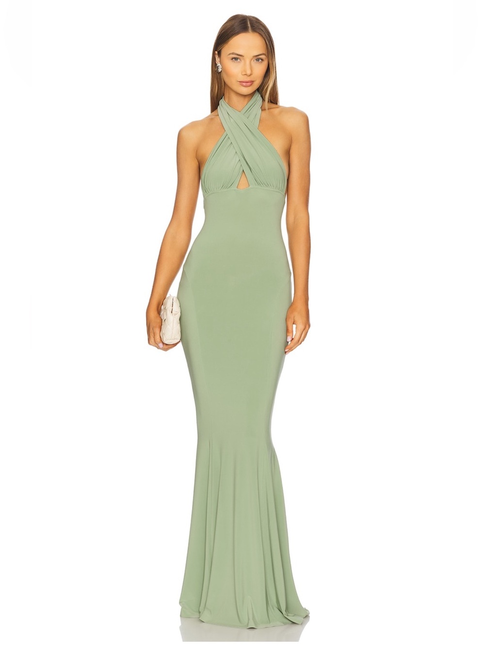 Cross Halter Fishtail Gown in Vintage Green